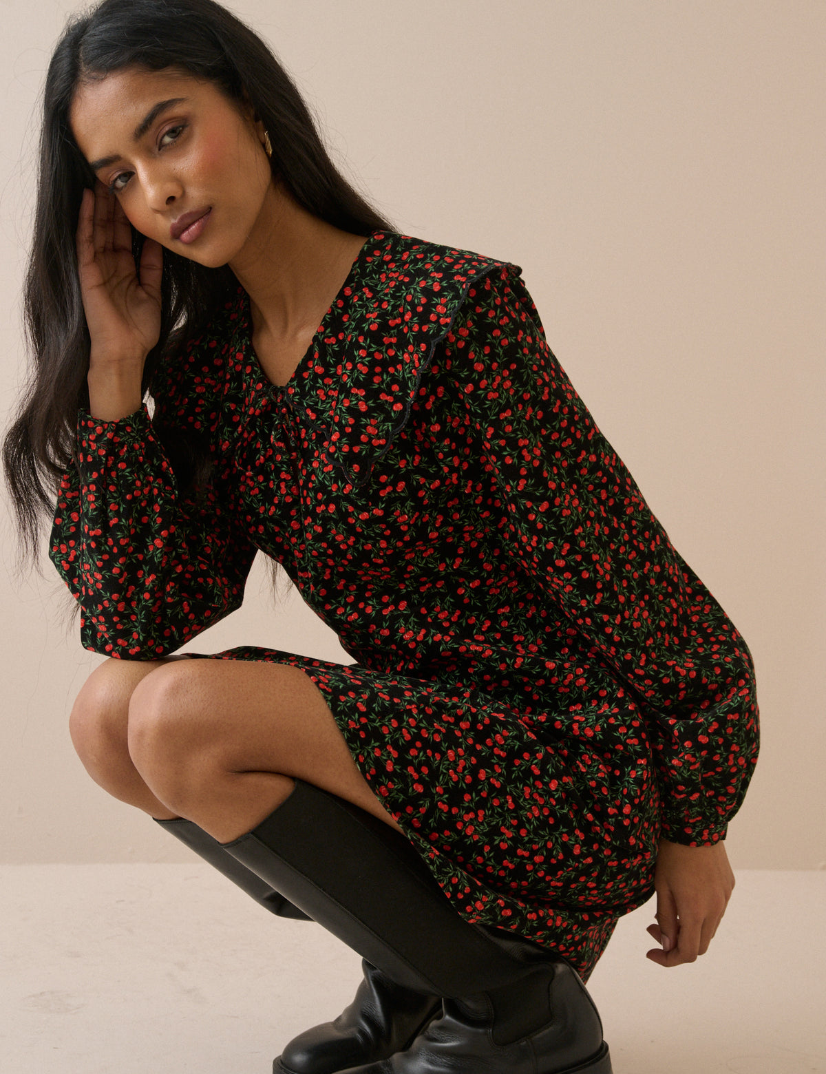 Black and Red Ditsy Cherry Hannah Cord Mini Dress