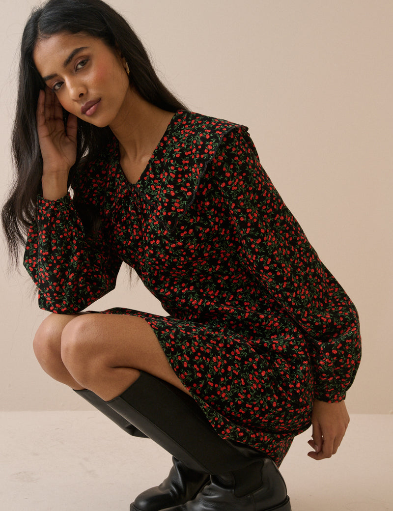 Black and Red Ditsy Cherry Hannah Cord Mini Dress