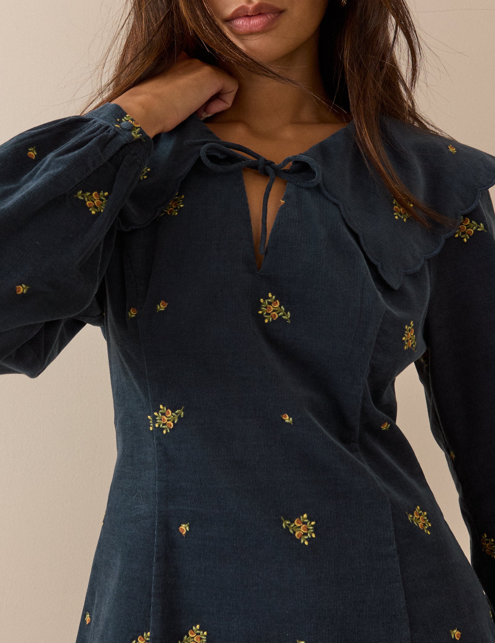 Blue Floral Embroidered Hannah Cord Mini Dress