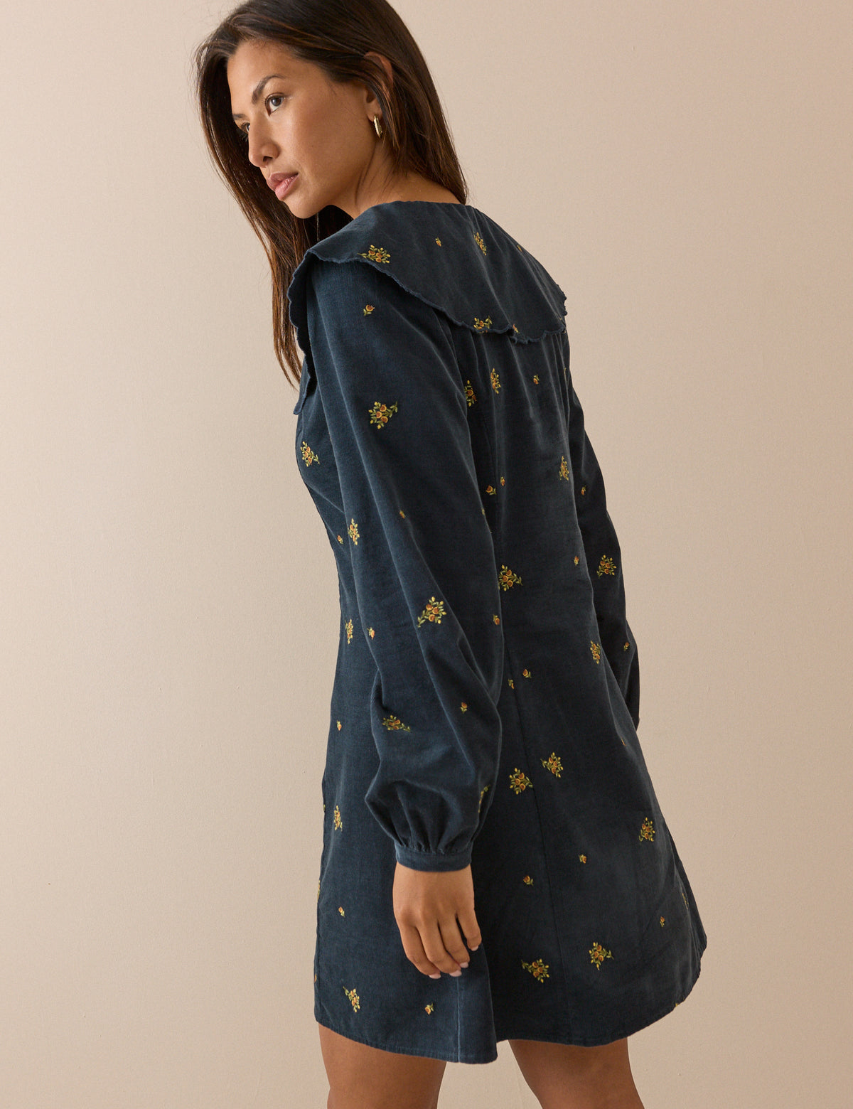 Blue Floral Embroidered Hannah Cord Mini Dress