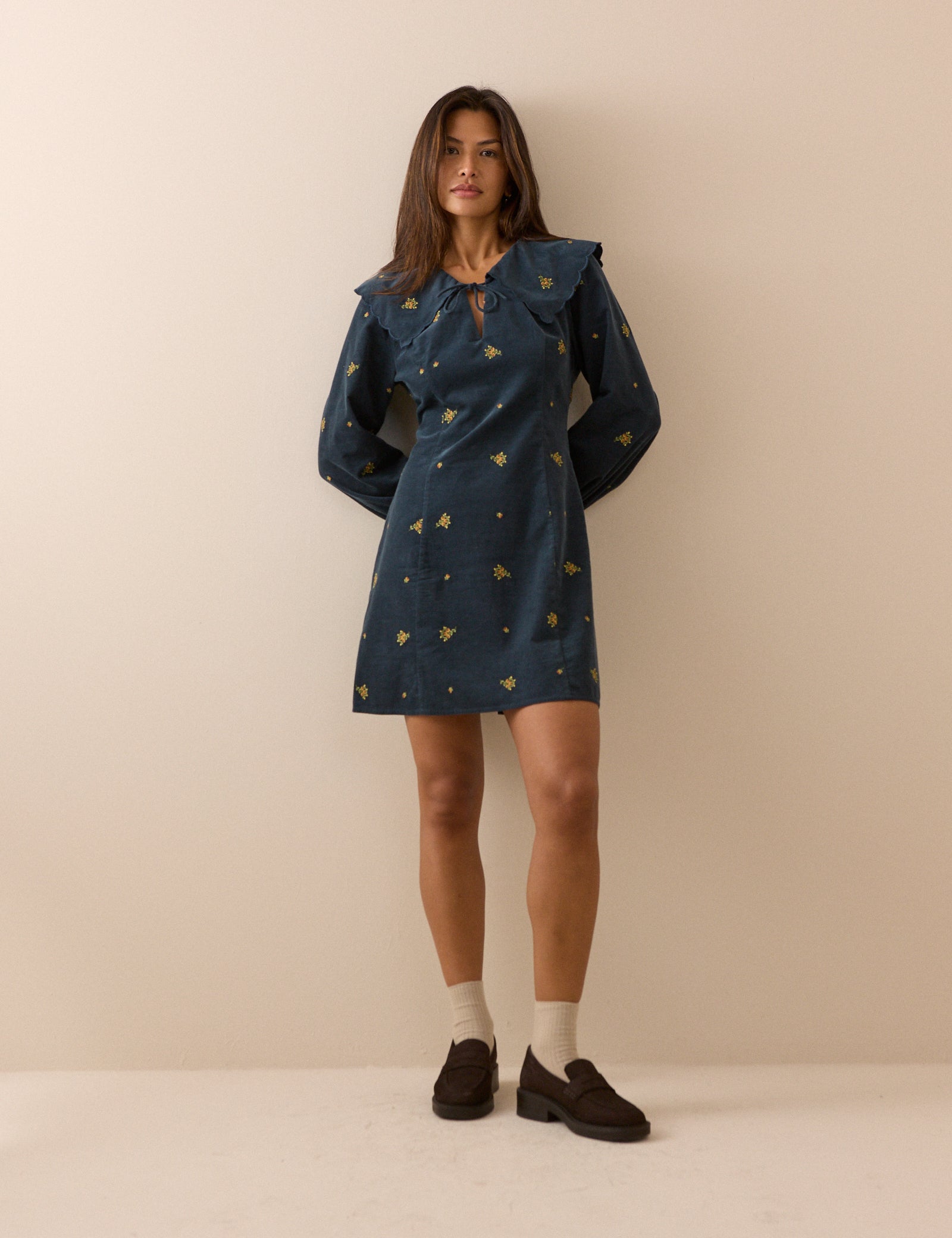 Blue Floral Embroidered Hannah Cord Mini Dress