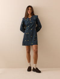 Blue Floral Embroidered Hannah Cord Mini Dress
