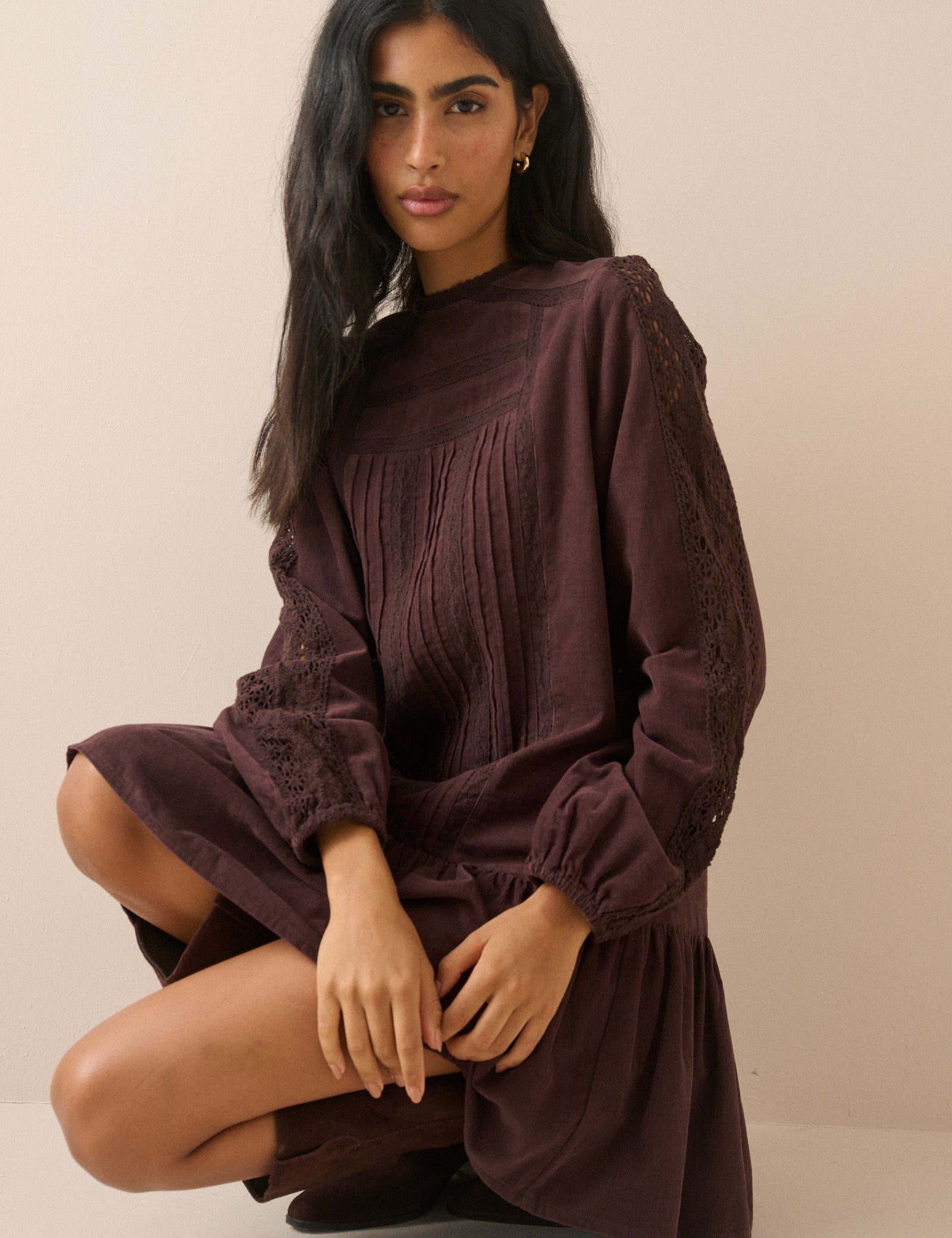 Plum Long Sleeve Cord Denise Mini Dress