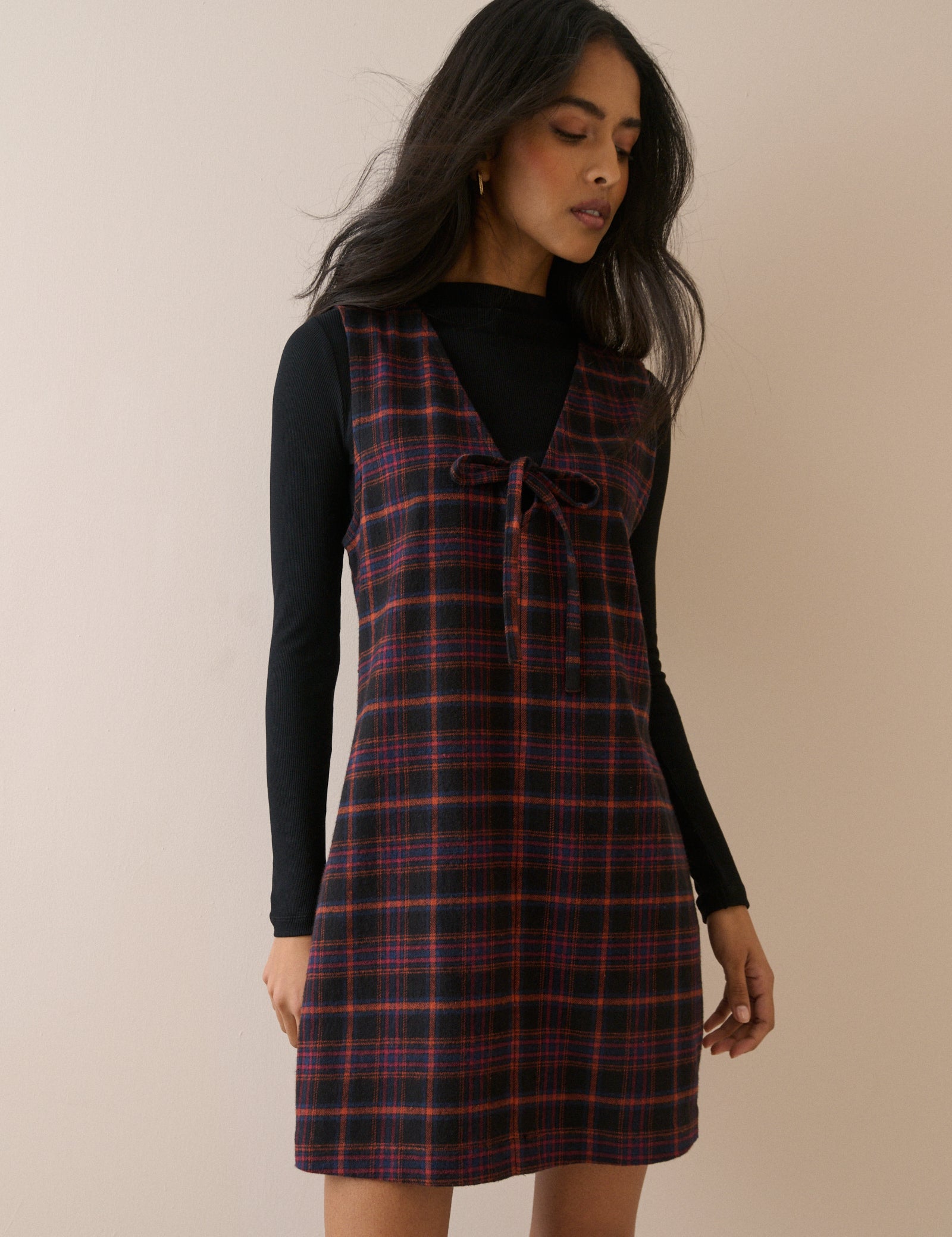 Black Tartan Cord Nila Shift Mini Dress