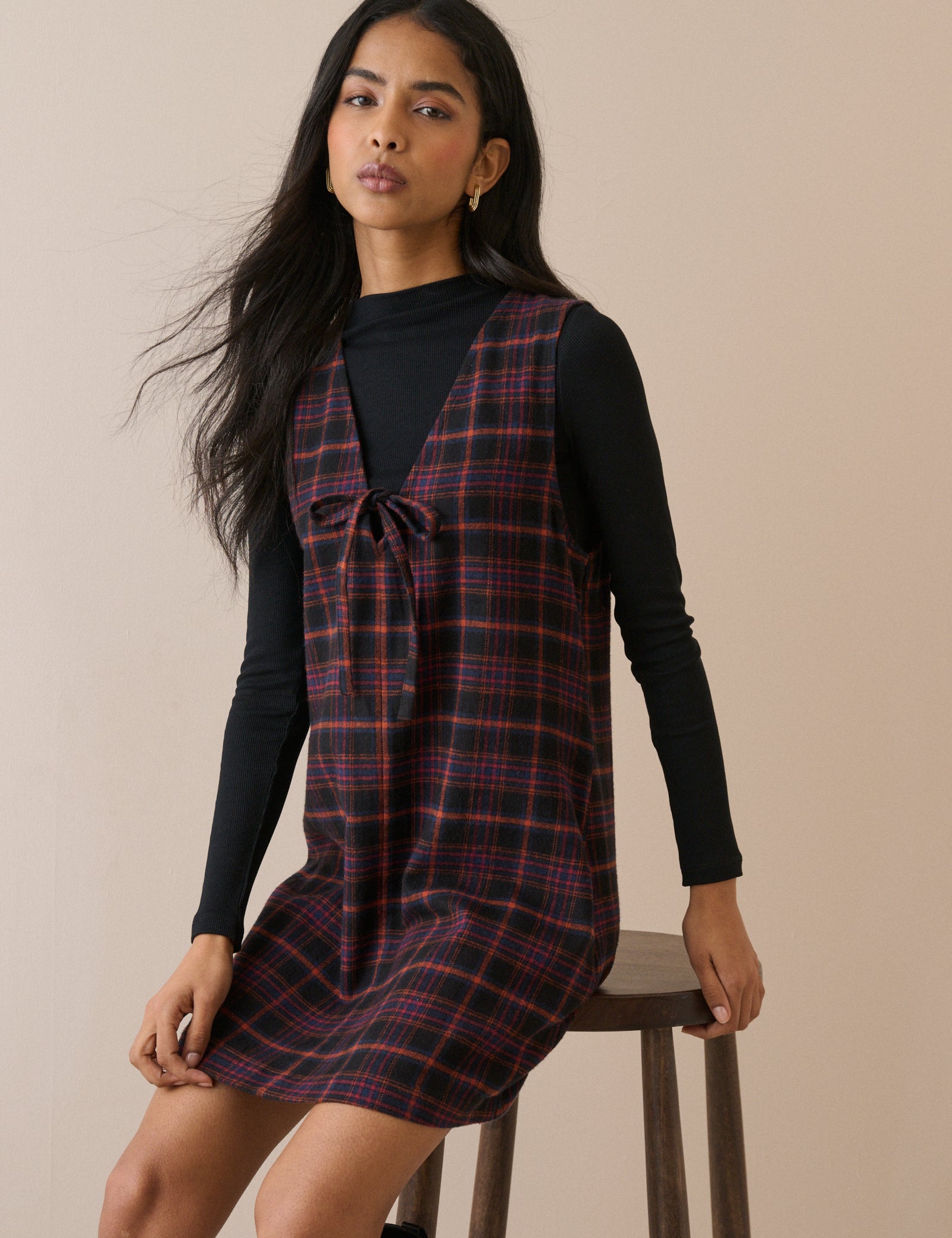 Black Tartan Cord Nila Shift Mini Dress