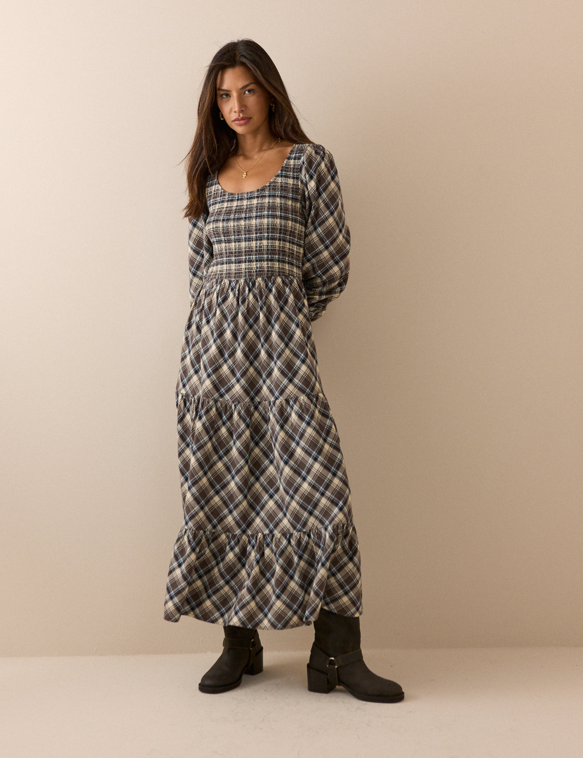 Cream and Brown Check Shirred Ruby Midi Dress