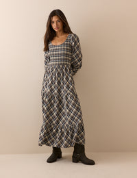 Cream and Brown Check Shirred Ruby Midi Dress