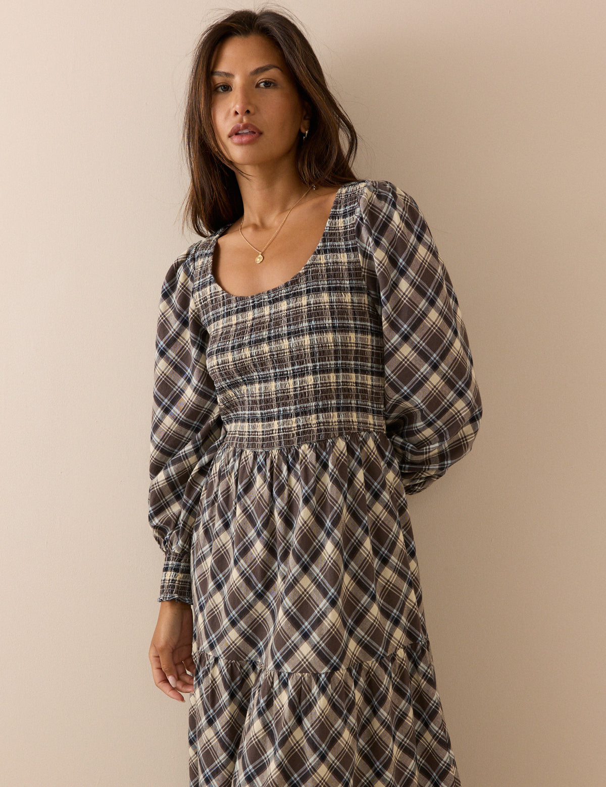 Cream and Brown Check Shirred Ruby Midi Dress
