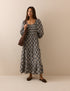 Cream and Brown Check Shirred Ruby Midi Dress