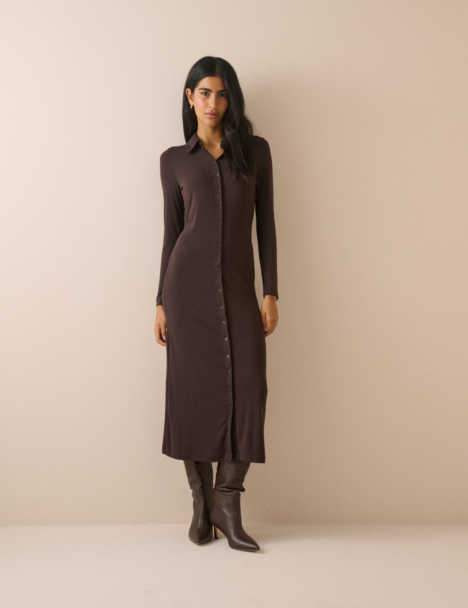 Chocolate Brown Jersey Button Front Midi Dress