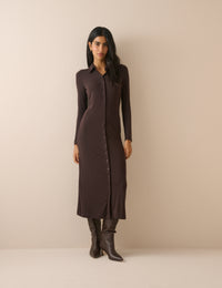 Chocolate Brown Jersey Button Front Midi Dress