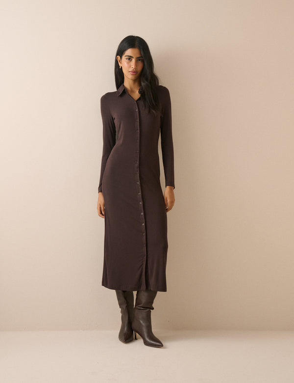 Chocolate Brown Jersey Button Front Midi Dress