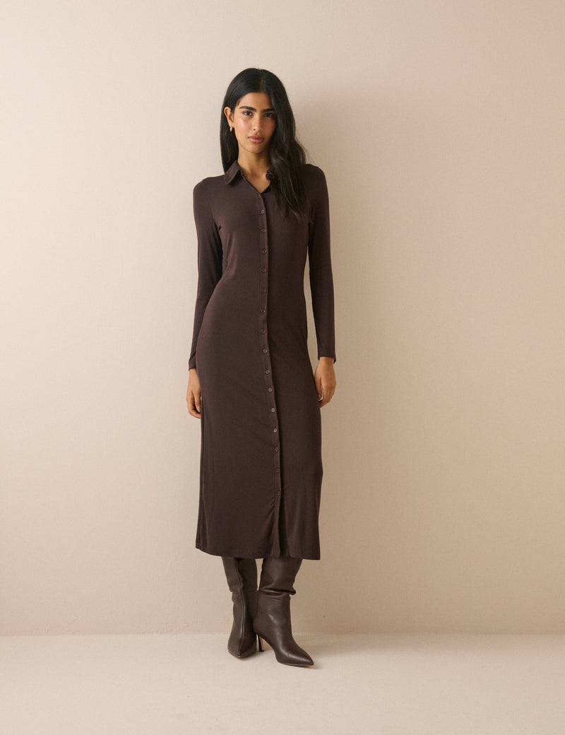 Chocolate Brown Jersey Button Front Midi Dress