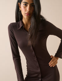 Chocolate Brown Jersey Button Front Midi Dress