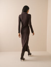 Chocolate Brown Jersey Button Front Midi Dress