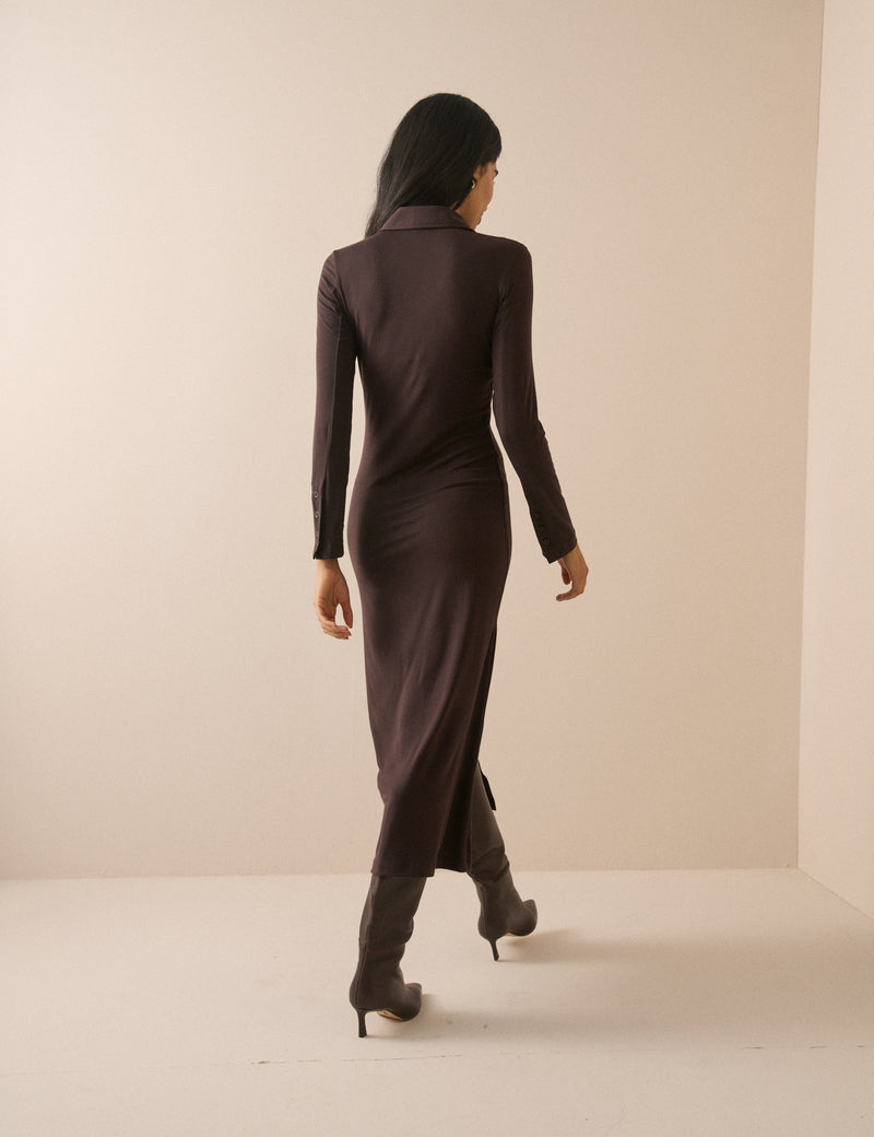 Chocolate Brown Jersey Button Front Midi Dress