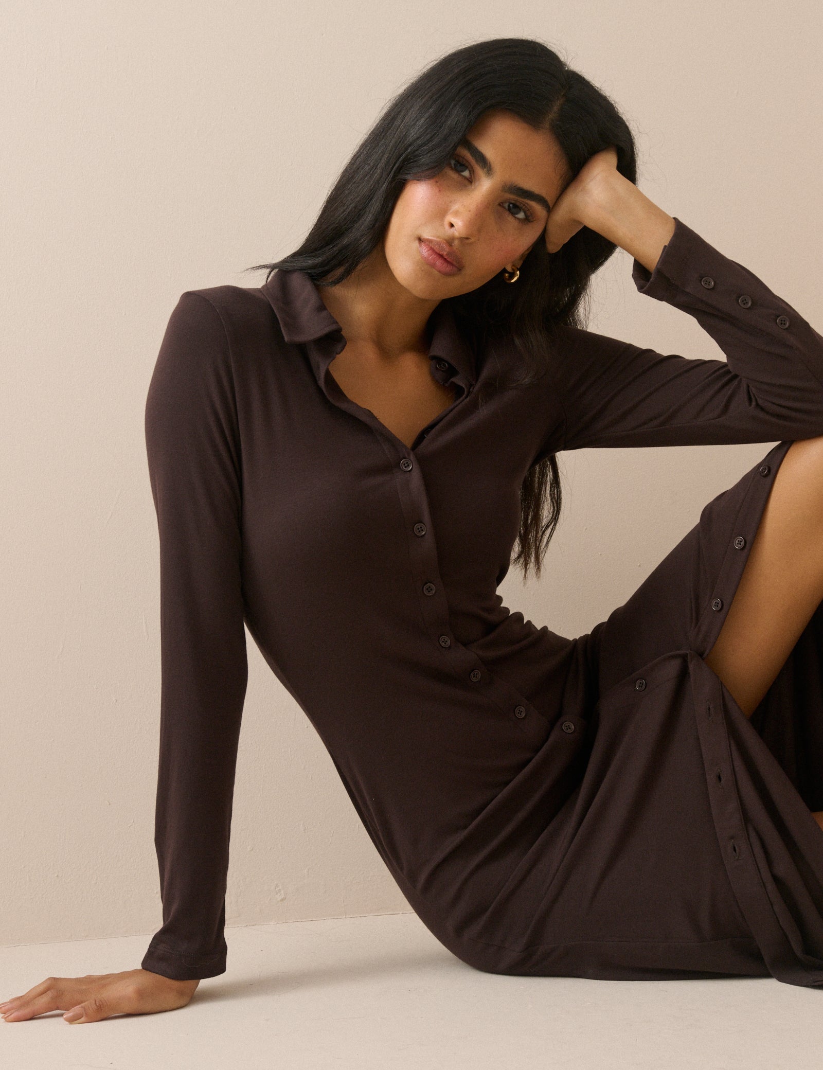 Chocolate Brown Jersey Button Front Midi Dress