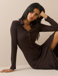 Chocolate Brown Jersey Button Front Midi Dress