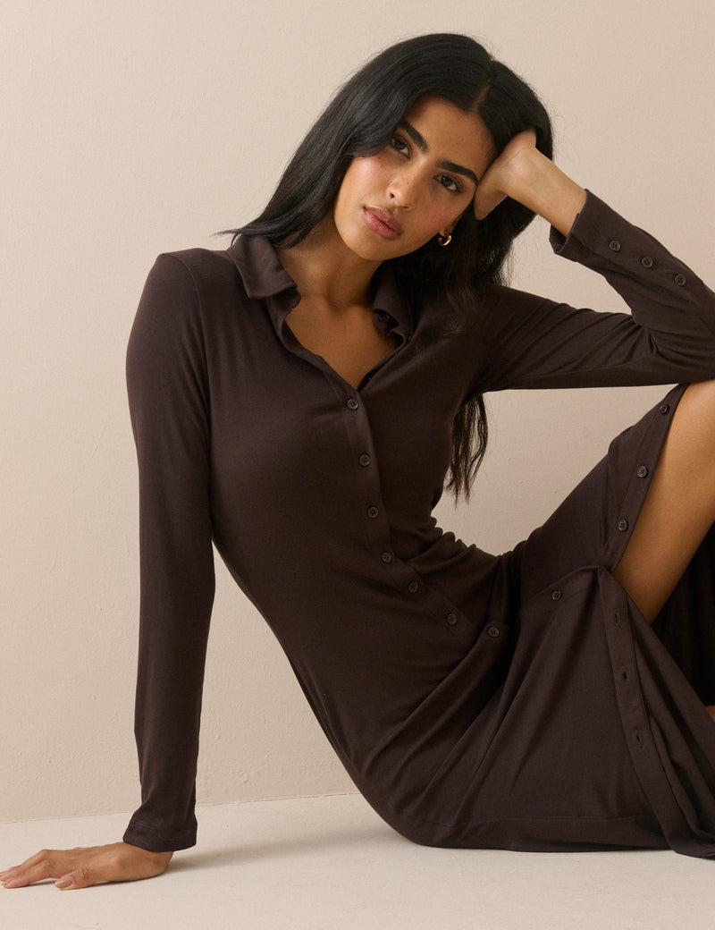 Chocolate Brown Jersey Button Front Midi Dress