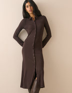 Chocolate Brown Jersey Button Front Midi Dress