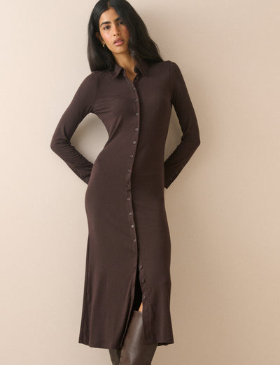 Chocolate Brown Jersey Button Front Midi Dress