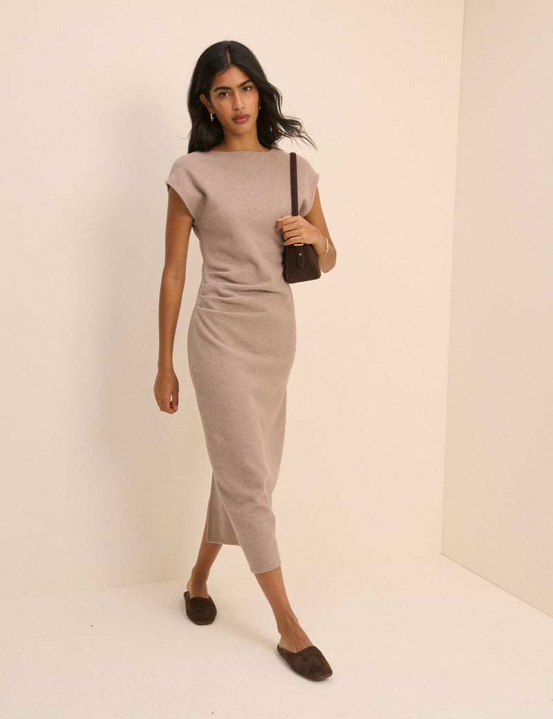 Beige Pleated Saylor Midi Dress