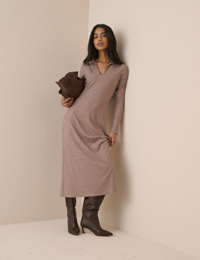 Mauve Rib Jersey Long Sleeve Everett Midi Dress