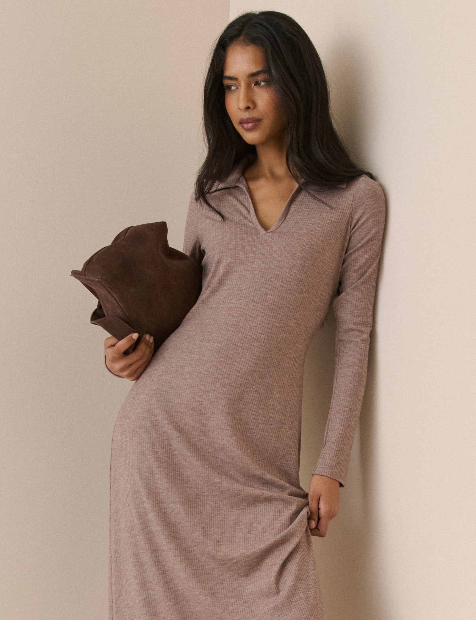 Mauve Rib Jersey Long Sleeve Everett Midi Dress