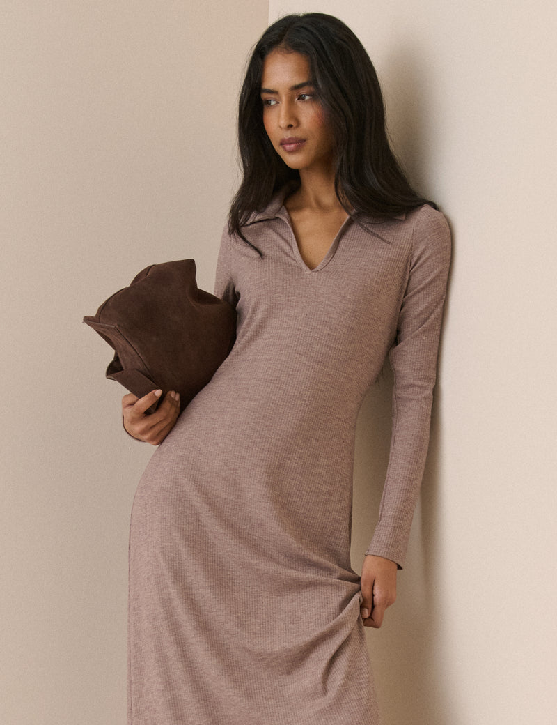 Mauve Rib Jersey Long Sleeve Everett Midi Dress