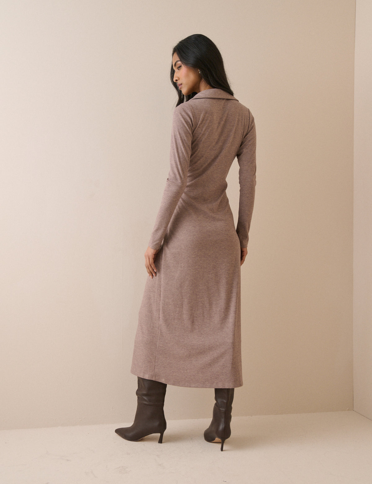 Mauve Rib Jersey Long Sleeve Everett Midi Dress