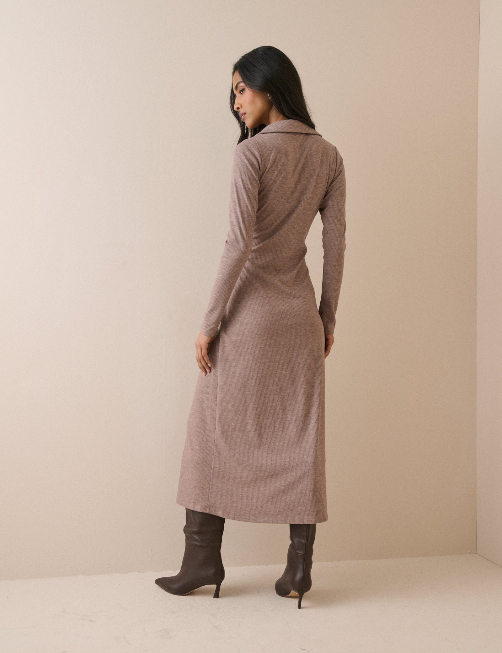 Mauve Rib Jersey Long Sleeve Everett Midi Dress
