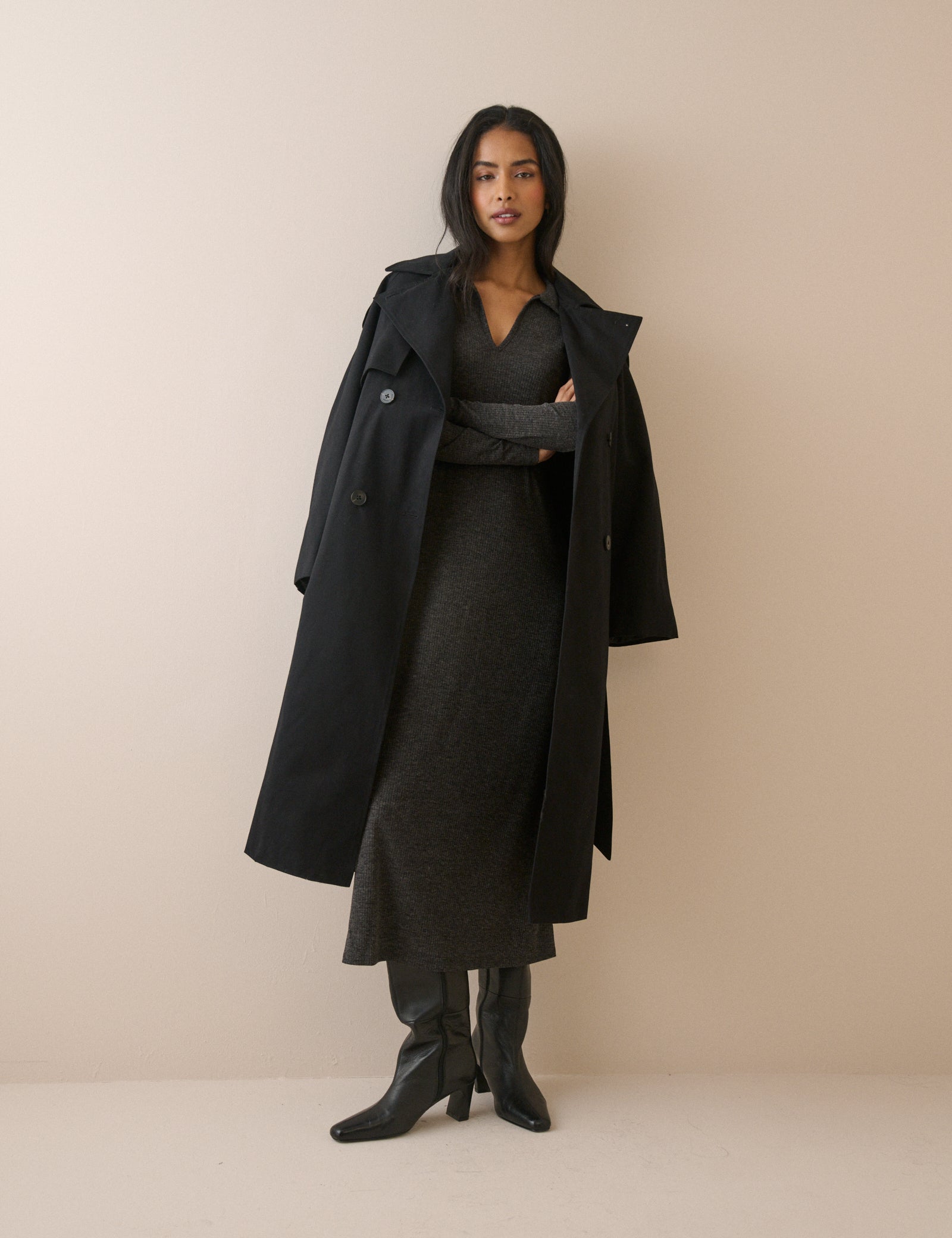 Charcoal Grey Ribbed Jersey Everett Midi Dress