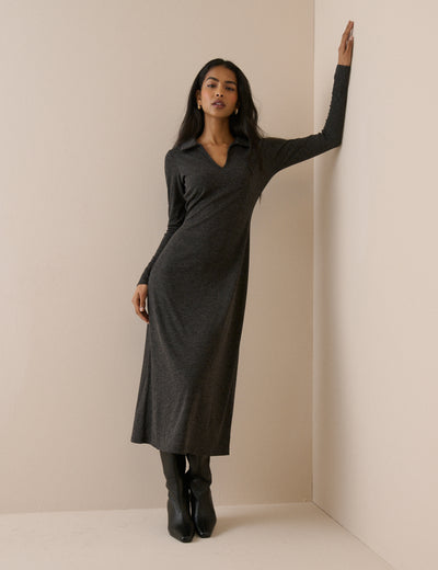 Charcoal Grey Ribbed Jersey Everett Midi Dress