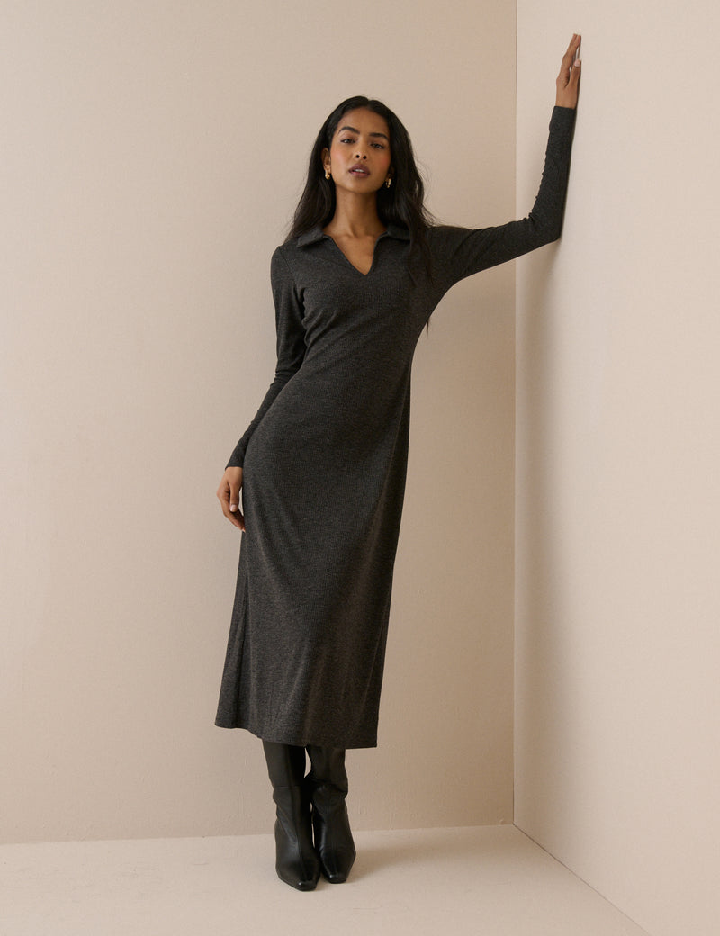 Charcoal Grey Ribbed Jersey Everett Midi Dress
