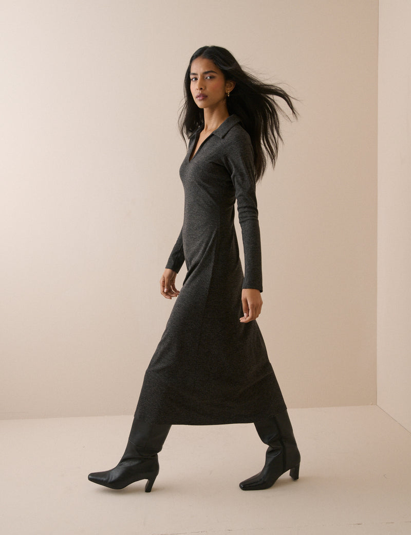 Charcoal Grey Ribbed Jersey Everett Midi Dress