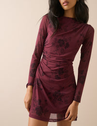 Burgundy Floral Long Sleeve Ruched Kiera Mini Dress