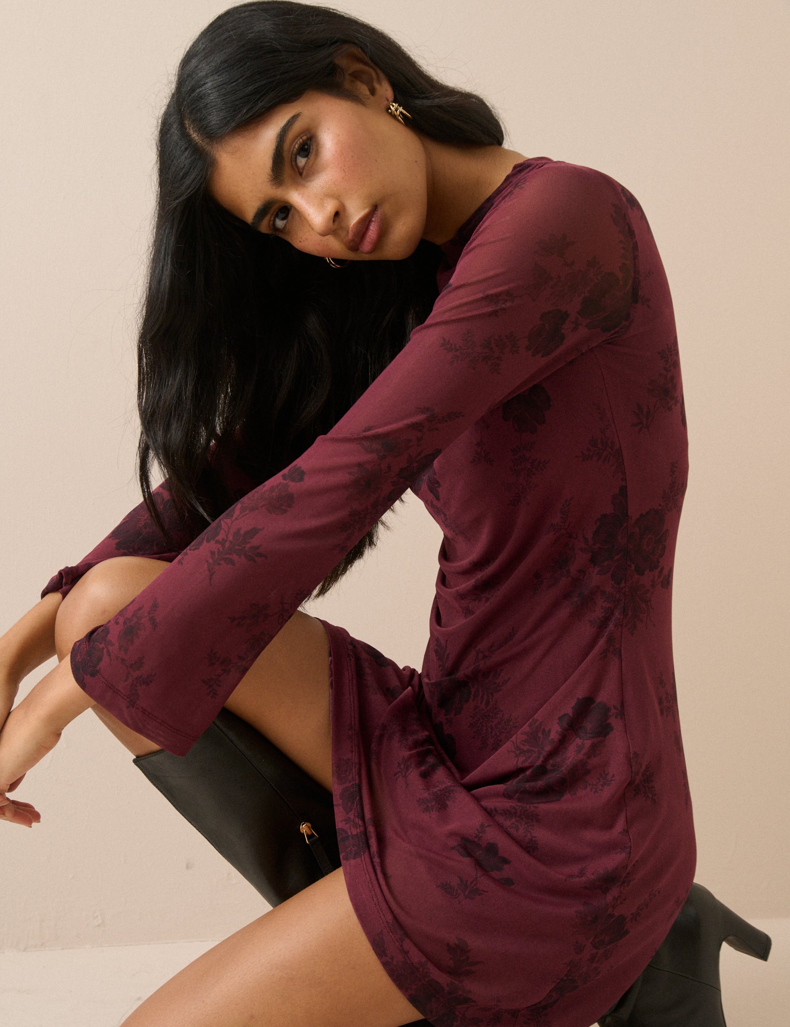 Burgundy Floral Long Sleeve Ruched Kiera Mini Dress