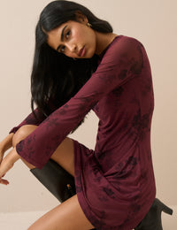 Burgundy Floral Long Sleeve Ruched Kiera Mini Dress