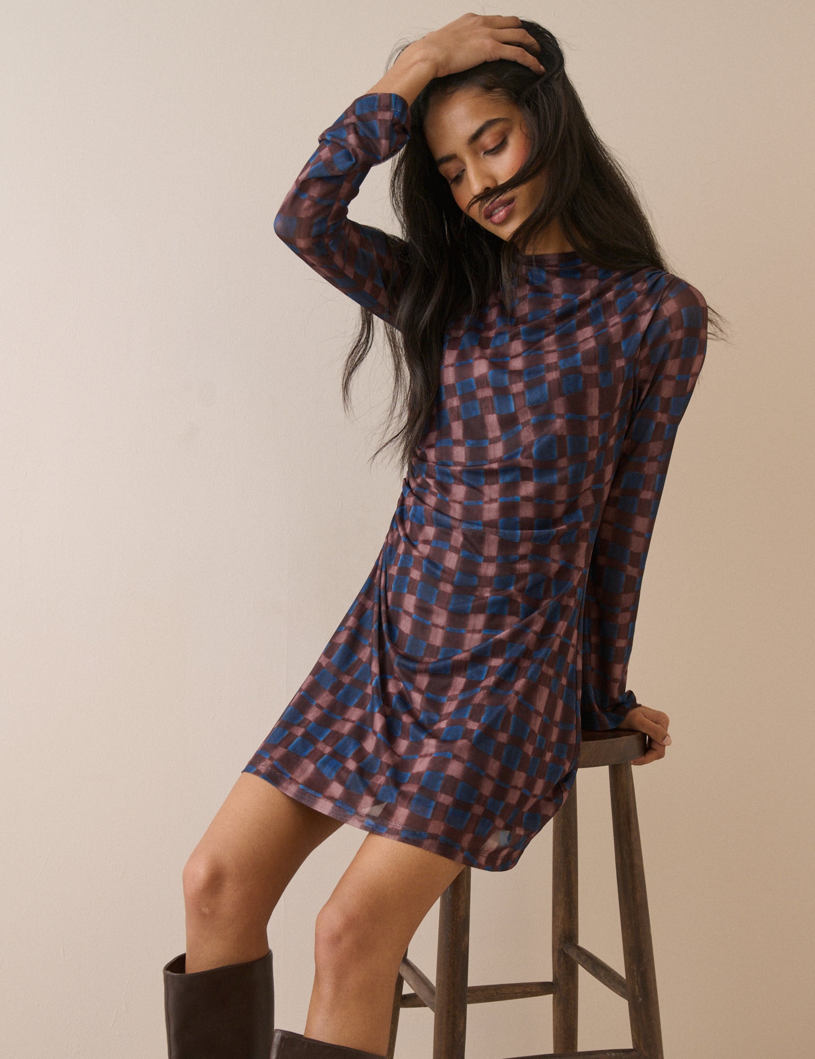 Blue and Maroon Long Sleeve Kiera Mini Dress