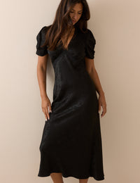 Black Jacquard Floral Satin Nicolette Midi Dress