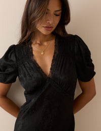 Black Jacquard Floral Satin Nicolette Midi Dress