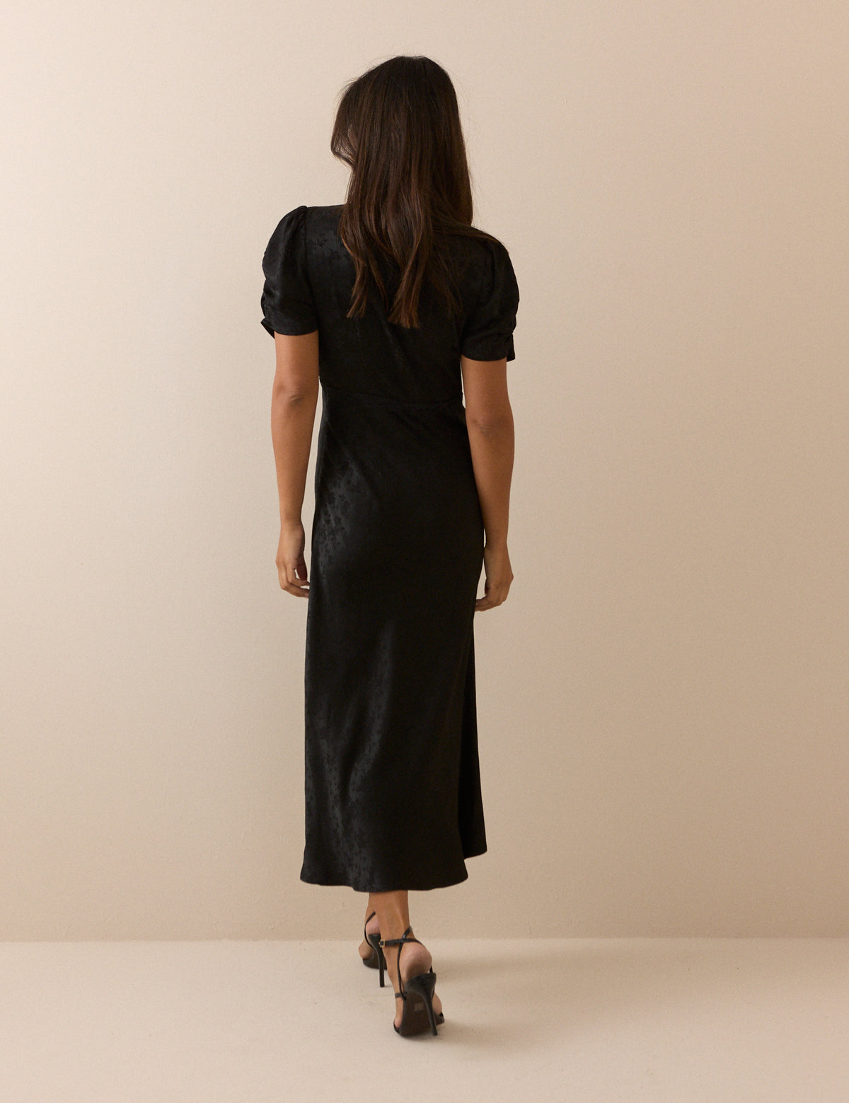 Black Jacquard Floral Satin Nicolette Midi Dress