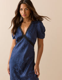 Navy Jacquard Floral Satin Nicolette Midi Dress