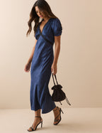 Navy Jacquard Floral Satin Nicolette Midi Dress