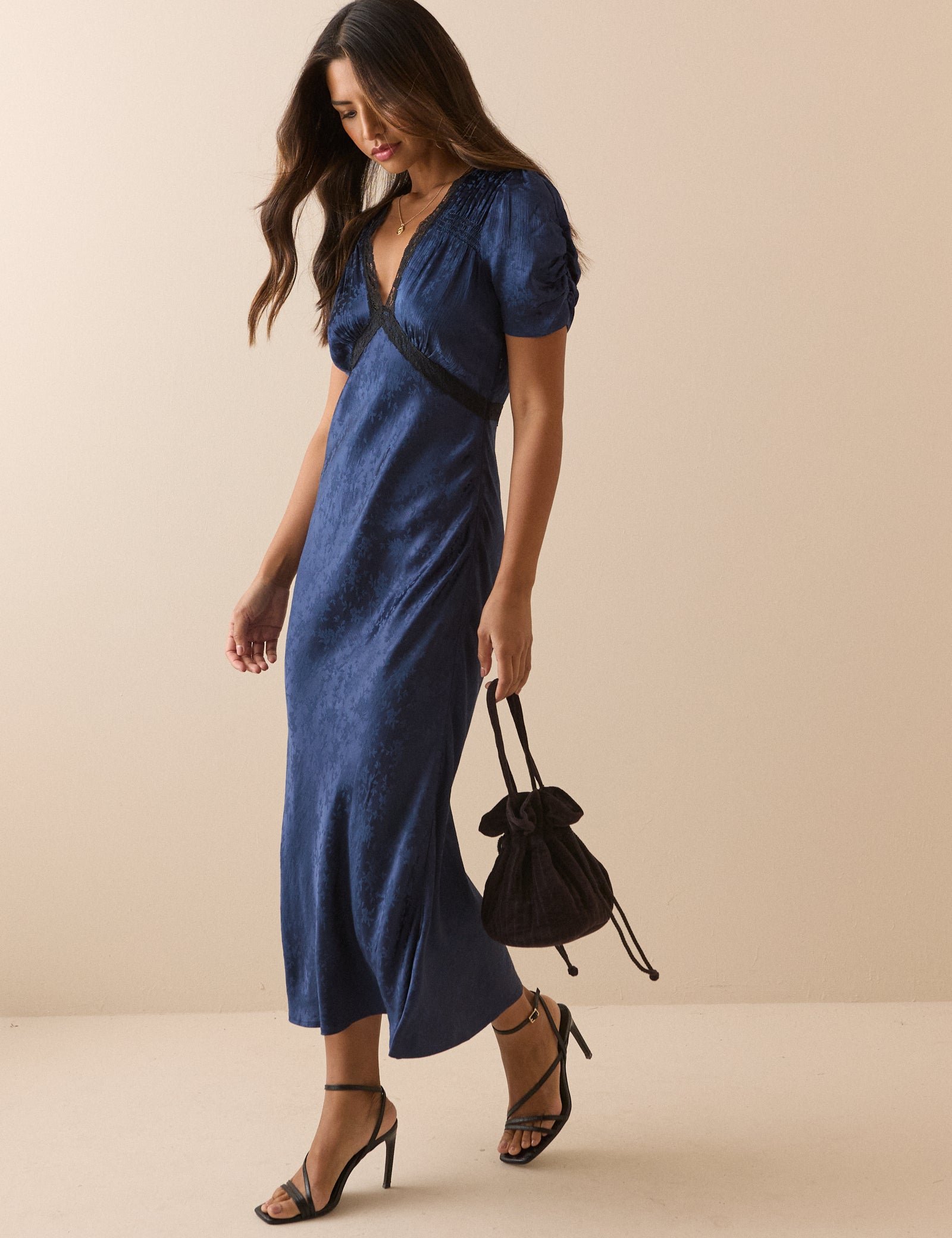 Navy Jacquard Floral Satin Nicolette Midi Dress