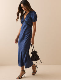 Navy Jacquard Floral Satin Nicolette Midi Dress