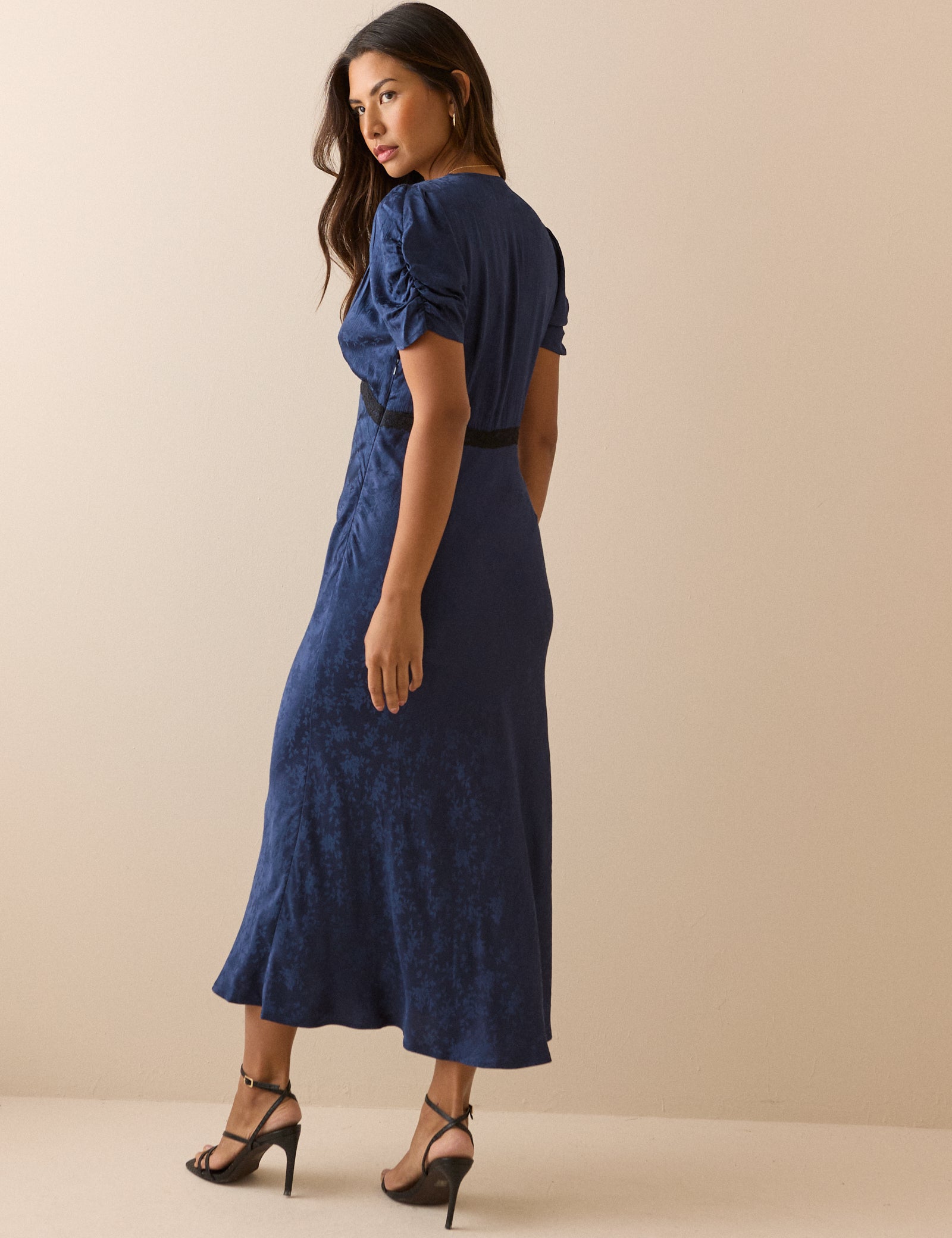 Navy Jacquard Floral Satin Nicolette Midi Dress