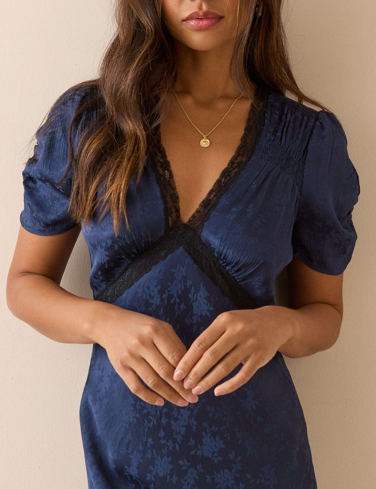 Navy Jacquard Floral Satin Nicolette Midi Dress