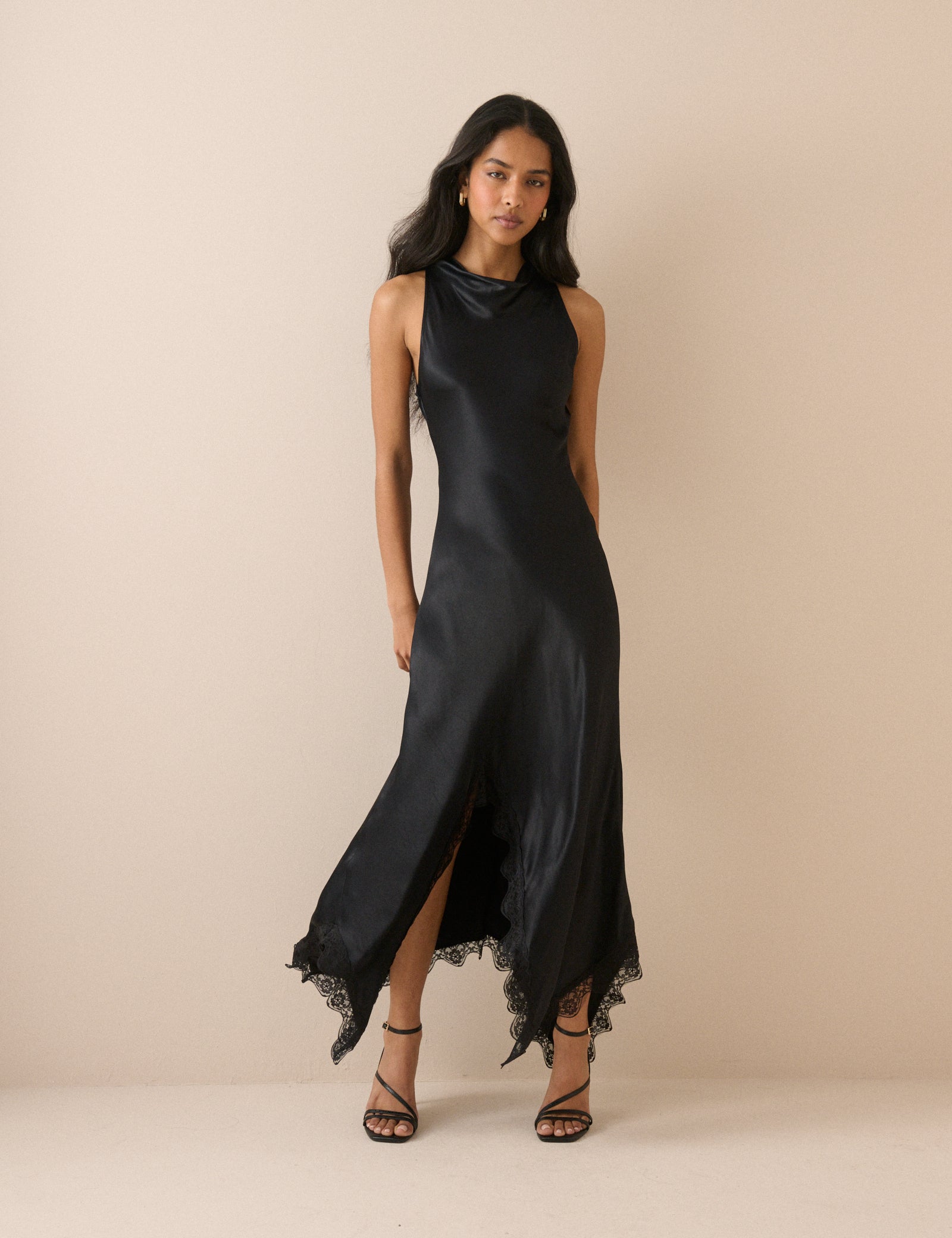 Black Asymmetrical Hem Satin Marta Maxi Dress