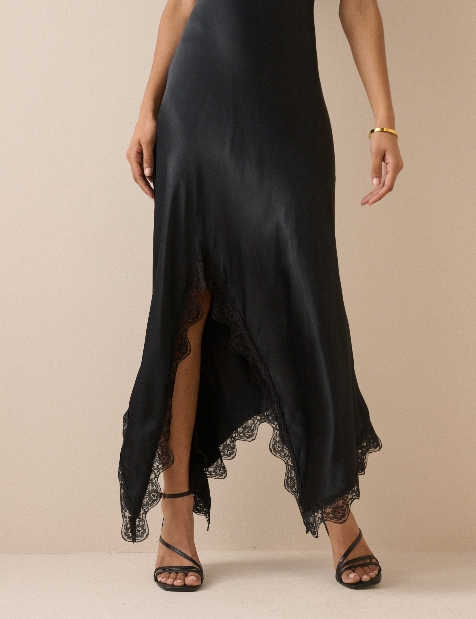 Black Asymmetrical Hem Satin Marta Maxi Dress